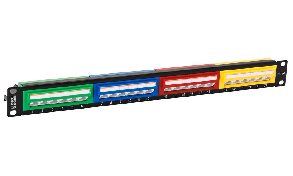 Патч-панель Maxicord 19" 1U кат.5е 24 порта RJ-45 цветные блоки DUAL IDC, с органайзером