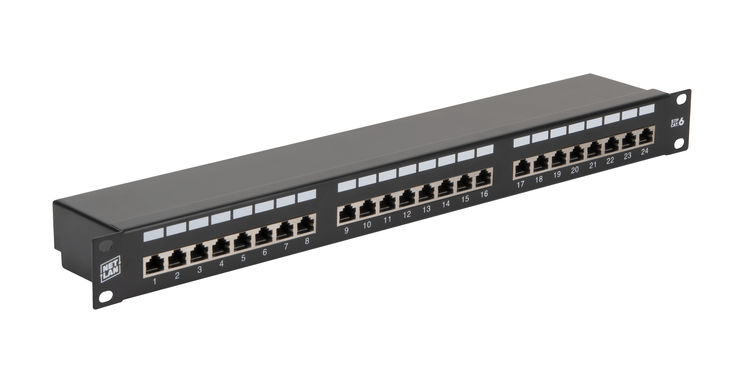 Коммутационная панель Netlan NETLAN 19", 1U, 24 порта, Кат. 6 (Класс Е), 250МГц, RJ45/8P8C, 110/KRONE, T568/B, экранированная, черная.